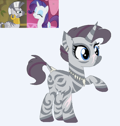 Size: 480x506 | Tagged: safe, artist:funny-arts, artist:selenaede, rarity, zecora, oc, oc:wyld style, hybrid, pony, unicorn, zebra, zebracorn, zony, g4, base used, ear piercing, earring, eyes closed, eyeshadow, female, interspecies, interspecies offspring, jewelry, lesbian, magical lesbian spawn, makeup, mare, neck rings, necklace, offspring, parent:rarity, parent:zecora, parents:raricora, piercing, raised hoof, raricora, scar, shipping, simple background, teeth, white background