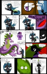Size: 3027x4744 | Tagged: safe, artist:mad-mutt, queen chrysalis, spike, twilight sparkle, changeling, changeling queen, dragon, pony, unicorn, g4, comic, female, incineration, male, mare