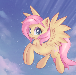 Size: 2118x2071 | Tagged: safe, artist:autumnvoyage, fluttershy, pegasus, pony, g4, cute, ear fluff, female, flying, high res, looking at you, mare, short mane, shyabetes, sky, smiling, solo, spread wings, three quarter view, wings