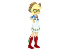 Size: 2100x1500 | Tagged: safe, artist:sunsetshimmertrainz1, edit, edited screencap, screencap, applejack, equestria girls, festival filters, g4, my little pony equestria girls: better together, apple, applejack's hat, background removed, boots, cowboy boots, cowboy hat, female, food, glasses, hand on hip, hat, music festival outfit, not a vector, shoes, simple background, solo, transparent background