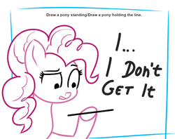 Size: 944x746 | Tagged: safe, artist:wut, pinkie pie, earth pony, pony, g4, confused, female, line, mare, newbie artist training grounds, pun, solo, visual pun