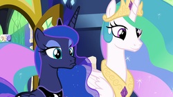 Size: 1920x1080 | Tagged: safe, screencap, princess celestia, princess luna, alicorn, pony, between dark and dawn, g4, duo, ethereal mane, eyeliner, faic, female, flowing mane, frown, lidded eyes, makeup, mare, pouting, royal sisters, siblings, sisters, smiling, starry mane, twilight's castle