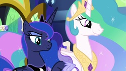 Size: 1920x1080 | Tagged: safe, screencap, princess celestia, princess luna, alicorn, pony, between dark and dawn, g4, duo, ethereal mane, eyeliner, faic, female, flowing mane, lidded eyes, makeup, mare, royal sisters, siblings, sisters, smiling, starry mane, twilight's castle