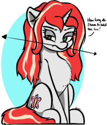 Size: 2871x3348 | Tagged: safe, artist:topicranger, oc, oc only, pony, unicorn, equestria daily, atg 2019, blue background, chest fluff, colored, cropped, eyebrow slit, eyebrows, female, flat colors, green eyes, high res, long hair, mare, newbie artist training grounds, pun, red mane, simple background, simple shading, sitting, solo, transparent, unamused, white pony