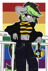 Size: 1445x2131 | Tagged: safe, artist:spoopygander, oc, oc only, oc:elli, bee, earth pony, anthro, bag, bedroom eyes, belly button, clothes, cute, eyeshadow, female, jacket, jewelry, key, keychain, makeup, midriff, multicolored hair, necklace, pants, rainbow, shirt, short shirt, skull, smug, solo, sweater, t-shirt, turtleneck