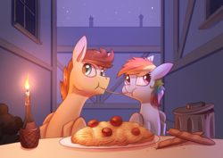 Size: 3508x2480 | Tagged: safe, artist:underpable, rainbow dash, oc, oc:skittle, pony, g4, canon x oc, commission, duo, female, food, high res, lady and the tramp, male, movie reference, parody, pasta, reference, skidash, spaghetti, straight