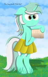 Size: 2500x4000 | Tagged: safe, artist:php124, lyra heartstrings, pony, unicorn, g4, atg 2019, bipedal, clothes, dialogue, female, grass, mare, newbie artist training grounds, pleated skirt, sign, skirt, talking