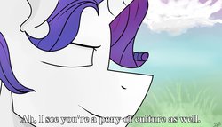 Size: 2100x1200 | Tagged: dead source, safe, artist:sunnzio, rarity, pony, unicorn, g4, anime, arakawa under the bridge, bust, elusive, eyes closed, i see you're a man of culture as well, male, meme, ponified meme, portrait, profile, rule 63, solo, stallion, subtitles