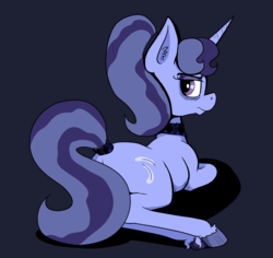 Size: 3181x3008 | Tagged: safe, artist:paskanaakka, derpibooru exclusive, oc, oc only, oc:pearl moon, pony, unicorn, bags under eyes, choker, colored hooves, ear fluff, eyeshadow, female, grumpy, high res, looking back, makeup, mare, simple background, solo, tail wrap, unshorn fetlocks