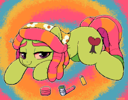 Size: 403x315 | Tagged: safe, artist:moozua, tree hugger, earth pony, pony, g4, drugs, female, grinder, high, lighter, looking at you, lying down, mare, marijuana, pipe, pixel art, prone, psychedelic, red eyes, solo, tree stoner