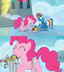 Size: 1195x1344 | Tagged: safe, edit, edited screencap, screencap, pinkie pie, rainbow dash, earth pony, pegasus, pony, g4, secrets and pies, balloon, clothes, cloudsdale, food, janitor, meme template, pie, rainbow blueberry pie, trash, trash can, uniform, unnamed character, unnamed pony, wonderbolts uniform