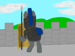 Size: 1600x1200 | Tagged: safe, artist:shoophoerse, earth pony, pony, atg 2019, male, newbie artist training grounds, royal guard, shield, solo, spear, weapon