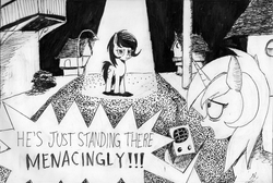Size: 1791x1200 | Tagged: artist needed, safe, lyra heartstrings, oc, oc:filly anon, earth pony, pony, unicorn, atg 2019, black and white, dialogue, duo, duo female, female, filly, grayscale, hall monitor, hoof hold, lidded eyes, mare, monochrome, newbie artist training grounds, open mouth, ponified, speech bubble, spongebob squarepants, streetlight, traditional art, walkie talkie
