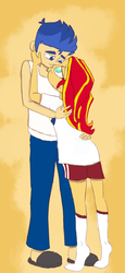 Size: 346x751 | Tagged: safe, artist:pettypop, flash sentry, sunset shimmer, equestria girls, g4, bedroom eyes, clothes, cute, duo, female, looking at each other, male, no pupils, ship:flashimmer, shipping, slippers, socks, straight, tank top