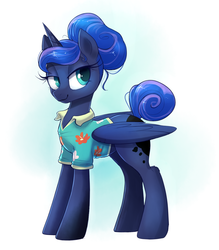 Size: 1506x1718 | Tagged: safe, artist:confetticakez, princess luna, alicorn, pony, between dark and dawn, g4, alternate hairstyle, atg 2019, clothes, cute, female, hair bun, hawaiian shirt, lidded eyes, lunabetes, mare, newbie artist training grounds, shirt, simple background, smiling, solo, tail bun, wings
