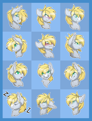 Size: 1636x2148 | Tagged: safe, artist:taiga-blackfield, oc, oc only, oc:cutting chipset, pony, angry, blushing, embarrassed, emote, emotes, floppy ears, glare, happy, sad, sleeping, smug, surprised, text