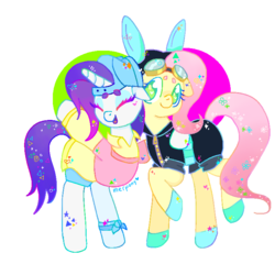 Size: 750x750 | Tagged: safe, artist:softyshy, fluttershy, rarity, pony, g4, alternate hairstyle, bunny ears, clothes, costume, cute, dangerous mission outfit, disguise, female, goggles, hat, hoodie, lesbian, pixel art, plainity, ship:flarity, shipping, simple background