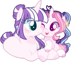 Size: 793x691 | Tagged: safe, artist:moon-rose-rosie, twilight velvet, oc, oc only, oc:celestial moon, alicorn, pony, g1, g4, base used, duo, female, filly, g1 to g4, generation leap, grandmother and grandchild, grandmother and granddaughter, magical lesbian spawn, offspring, parent:rainbow dash, parent:twilight sparkle, parents:twidash, prone, simple background, transparent background