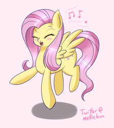 Size: 1700x1900 | Tagged: safe, artist:melliedraws, fluttershy, pony, g4, blushing, dancing, eyes closed, female, flying, heart nostrils, mare, music notes, singing, solo