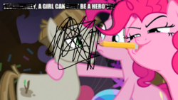 Size: 800x450 | Tagged: safe, edit, edited screencap, screencap, mudbriar, pinkie pie, g4, the maud couple, caption, feminism, image macro, party cave, pencil, scribbles, technically, text