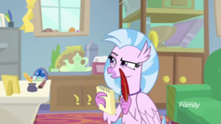 Size: 1041x585 | Tagged: safe, screencap, silverstream, classical hippogriff, hippogriff, g4, student counsel, couch, female, notepad, quill pen, raised eyebrow, shelf, solo, starlight's office, talons, teenager, window