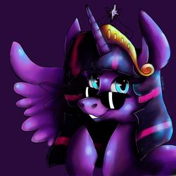 Size: 1280x1280 | Tagged: safe, artist:nightton, twilight sparkle, alicorn, pony, g4, big crown thingy, element of magic, female, grin, jewelry, looking at you, mare, one wing out, purple background, raised eyebrow, regalia, simple background, smiling, solo, speedpaint available, sunglasses, twilight sparkle (alicorn), twilightlicious