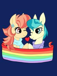 Size: 1280x1707 | Tagged: safe, artist:nightton, aunt holiday, auntie lofty, pony, g4, the last crusade, blue background, clothes, eye clipping through hair, female, heart, hoofbump, lesbian, looking at each other, mare, one eye closed, pride, pride flag, scarf, ship:lofty day, shipping, simple background, smiling, sweater, wink
