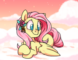 Size: 960x740 | Tagged: safe, artist:paperbagpony, fluttershy, pegasus, pony, g4, blushing, cloud, colored pupils, cute, ear fluff, female, flower, flower in hair, on a cloud, prone, shoulder fluff, shyabetes, sky, solo, stars