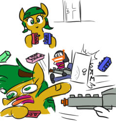 Size: 565x594 | Tagged: safe, artist:jargon scott, oc, oc:blocky bits, earth pony, human, pony, comic, door, fbi open up, female, gun, helmet, hoof hold, illegal lego building technique, lego, looking at you, mare, open mouth, panicking, police, simple background, smiling, tongue out, weapon, white background, yelling