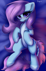 Size: 699x1080 | Tagged: safe, artist:mysha, oc, oc only, oc:cotton dreams, pony, aeroverse, blushing, commission, looking at you, on back
