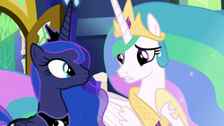 Size: 1920x1080 | Tagged: safe, screencap, princess celestia, princess luna, alicorn, pony, between dark and dawn, g4, duo, ethereal mane, female, mare, royal sisters, siblings, sisters, starry mane, twilight's castle