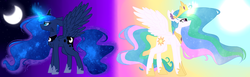 Size: 6625x2033 | Tagged: safe, artist:mediasmile666, princess celestia, princess luna, alicorn, pony, g4, abstract background, cheek fluff, chest fluff, duo, ear fluff, ethereal mane, female, frown, glowing horn, horn, jewelry, mare, moon, regalia, royal sisters, spread wings, starry mane, stars, sun, wings