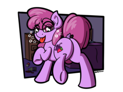 Size: 2732x2048 | Tagged: safe, artist:ashtoneer, berry punch, berryshine, earth pony, pony, g4, bedroom, berry butt, butt, dock, drunk, drunk bubbles, eye clipping through hair, female, go home you're drunk, high res, looking back, mare, plot, raised hoof, raised tail, solo, tail, tongue out