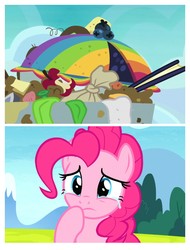 Size: 3106x4096 | Tagged: safe, edit, edited screencap, screencap, pinkie pie, g4, secrets and pies, the maud couple, crying, food, pie, that pony sure does love pies, trash, trash can