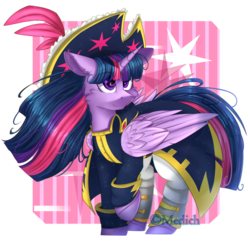 Size: 2777x2713 | Tagged: safe, artist:mediasmile666, twilight sparkle, alicorn, pony, g4, my little pony: the movie, abstract background, cheek fluff, clothes, eye clipping through hair, female, floppy ears, hat, high res, mare, pirate, pirate hat, pirate outfit, raised hoof, sidemouth, smiling, solo, starry eyes, twilight sparkle (alicorn), windswept mane, wingding eyes