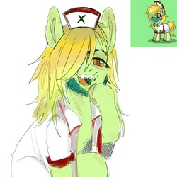 Size: 604x604 | Tagged: safe, artist:kotya, oc, oc only, oc:sicky, earth pony, pony, pony town, blood, face mask, fangs, mask, nurse, solo, yellow eyes