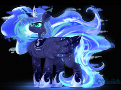 Size: 3000x2226 | Tagged: safe, artist:mediasmile666, princess luna, alicorn, pony, g4, abstract background, alternative cutie mark placement, cheek fluff, chest fluff, coat markings, ear fluff, ethereal mane, female, high res, jewelry, long tail, mare, redesign, redraw, regalia, solo, speedpaint available, starry eyes, starry mane, windswept mane, wing fluff, wingding eyes