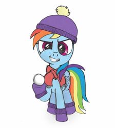 Size: 850x950 | Tagged: safe, artist:m.w., rainbow dash, pegasus, pony, g4, beanie, clothes, female, hat, looking at you, mare, scarf, simple background, snow, snowball, solo, white background, winter outfit