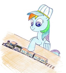 Size: 975x1080 | Tagged: safe, artist:m.w., rainbow dash, pegasus, pony, g4, female, hat, mare, simple background, solo, toy train, training, white background