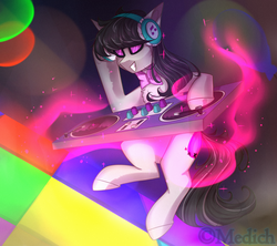 Size: 3000x2665 | Tagged: safe, artist:mediasmile666, octavia melody, earth pony, pony, g4, abstract background, accessory swap, alternate cutie mark, bowtie, chest fluff, commission, dance floor, disc jockey, dj octavia, female, floating, grin, headphones, high res, implied vinyl scratch, magic, mare, mixing console, sidemouth, smiling, solo, vinyl's glasses