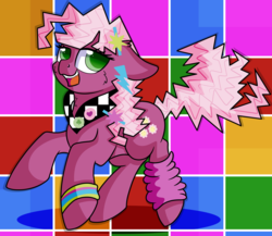 Size: 3000x2605 | Tagged: safe, artist:rainbowtashie, cheerilee, earth pony, pony, g4, 80s, 80s cheerilee, alternate hairstyle, arm band, atg 2019, female, happy, high res, leg warmers, mare, newbie artist training grounds, open mouth, simple background, solo
