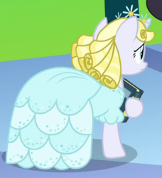 Size: 365x400 | Tagged: safe, screencap, glinda, pony, unicorn, between dark and dawn, g4, book, clothes, cropped, dress, female, glinda the good witch, mare, ringlets, solo, wicked