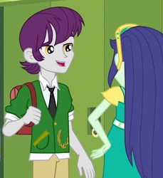 Size: 578x630 | Tagged: safe, screencap, blueberry cake, indigo wreath, equestria girls, equestria girls series, g4, run to break free, spoiler:eqg series (season 2), background human, backpack, clothes, cropped, female, lockers, male, pants, smiling