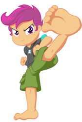 Size: 3107x4616 | Tagged: safe, artist:waffengrunt, scootaloo, equestria girls, g4, barefoot, barefooting, cute, cutealoo, feet, female, foot focus, martial arts, soles, solo, toes