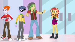 Size: 1280x720 | Tagged: safe, screencap, heath burns, microchips, sandalwood, sunset shimmer, a fine line, equestria girls, equestria girls series, g4, boots, canterlot mall, clothes, converse, female, geode of empathy, glasses, high heel boots, jacket, legs, magical geodes, male, miniskirt, pants, shoes, skirt, sneakers