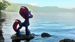 Size: 2048x1152 | Tagged: safe, artist:hihin1993, tempest shadow, pony, g4, irl, japan, photo, plushie, rock, scenery, solo, water