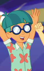 Size: 324x517 | Tagged: safe, screencap, doodle bug, flash sentry, equestria girls, equestria girls series, g4, spring breakdown, spoiler:eqg series (season 2), all good (song), arms in the air, background human, clothes, cropped, glasses, male, offscreen character, smiling, solo focus
