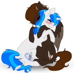 Size: 1024x1002 | Tagged: safe, artist:seaswirlsyt, oc, oc only, oc:blue note, pegasus, pony, unicorn, female, hug, mare, simple background, transparent background