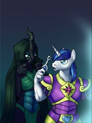 Size: 499x671 | Tagged: safe, artist:omny87, queen chrysalis, shining armor, anthro, g4, breasts, busty queen chrysalis, female, infidelity, male, ship:shining chrysalis, shipping, straight