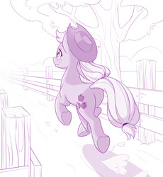Size: 1280x1390 | Tagged: safe, alternate version, artist:dstears, applejack, earth pony, pony, g4, atg 2019, facing away, female, fence, heart, hoof heart, mare, newbie artist training grounds, rear view, solo, tree